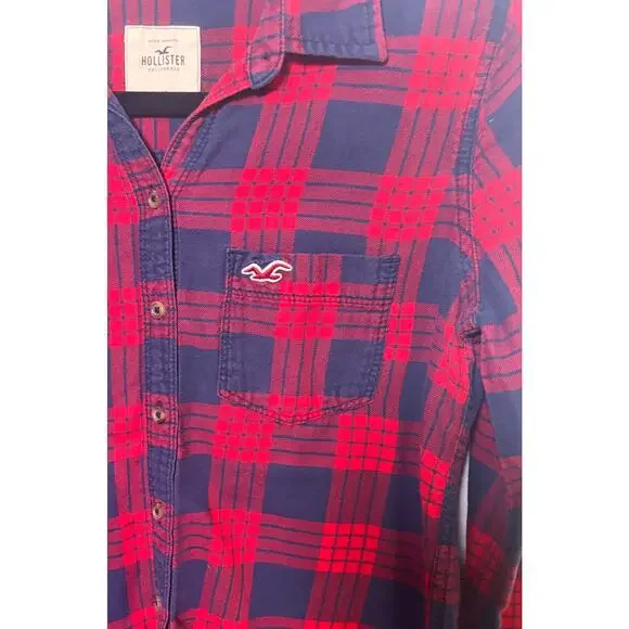Hollister Womens Red Navy Plaid Flannel Shirt Button Up Long Sleeve Casual M - Picture 4 of 6